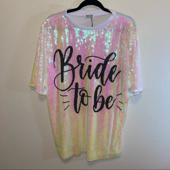 White Iridescent Sequin Trendy “Bride to Be” Short Sleeve Mini Dress One Size - Picture 4 of 12